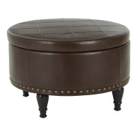 OSP Home Furnishings SB316-PD24 Round Storage Ottoman in Faux Cocoa Leather with Antique Bronze Nailheads and Espresso Legs